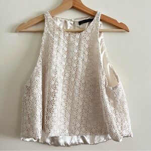 Zara Macrame Floral Overlay Cream Sleeveless Satin Lining Spring Top Medium